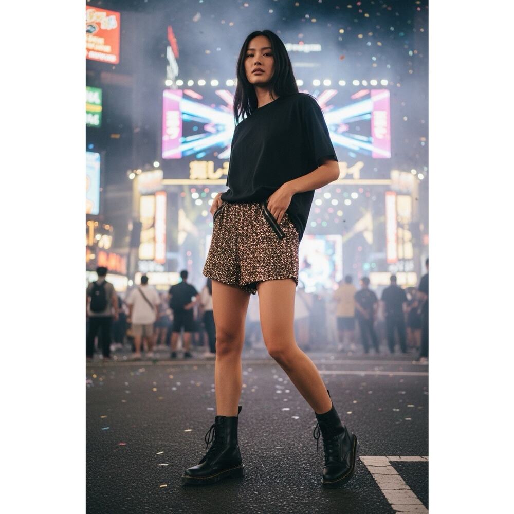 Foreign Exchange Black Top with Brown Patterned Jean Shorts
